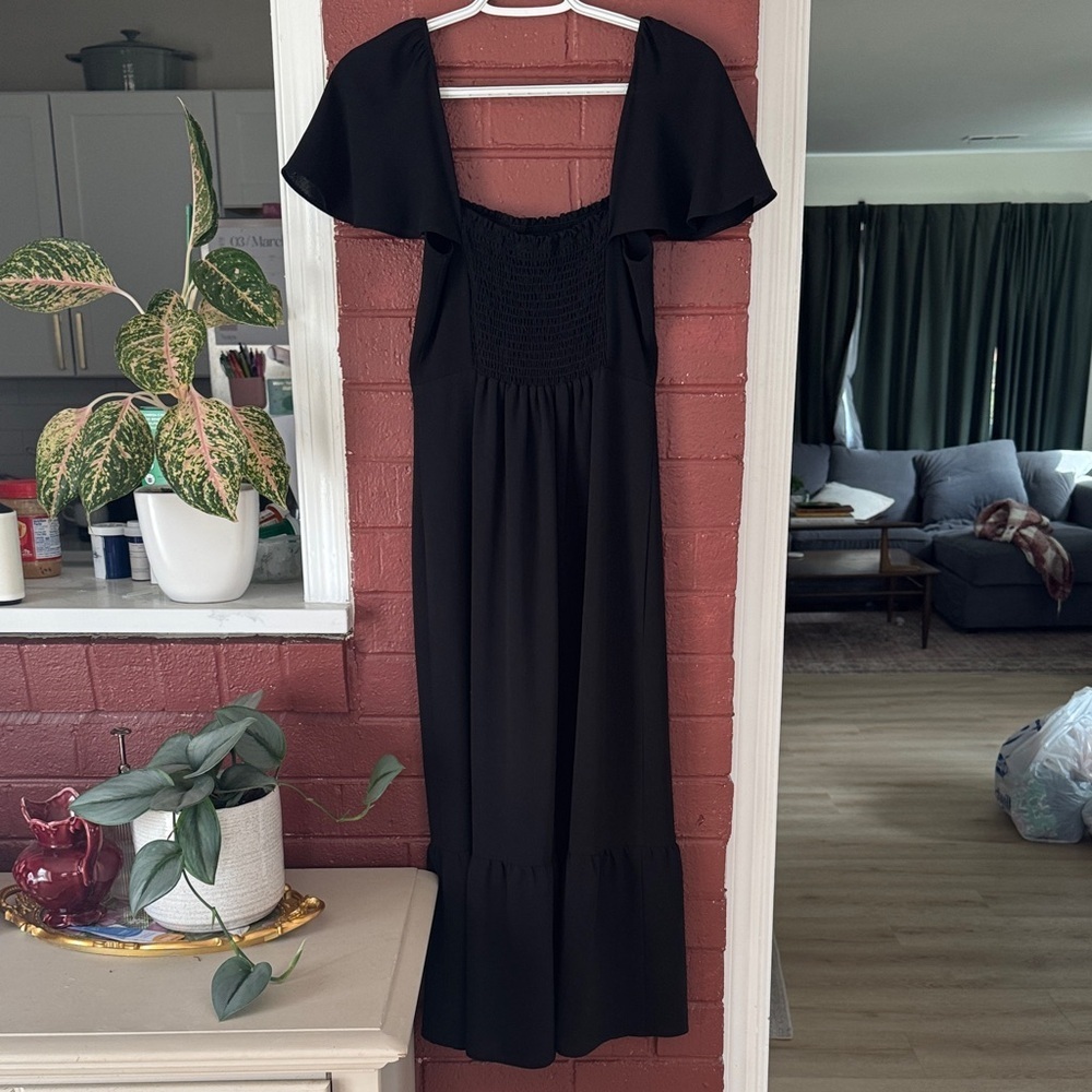 Show Me Your Mumu Black Midi Dress with Smocked Bodice, Flutter Sleeves, & Slit - Picture 6 of 7